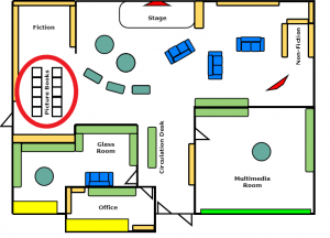A map showing the location of the picture books near the emergency exit of the library.