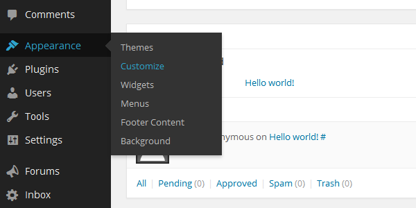 To use the Theme Customizer, rollover the Appearance button in the menu on the left of your dashboard and select Customize