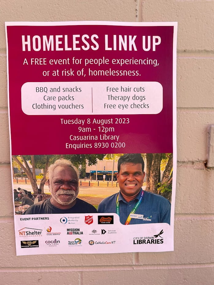 Image of a poster advertising a Homelessness Event at the Darwin library