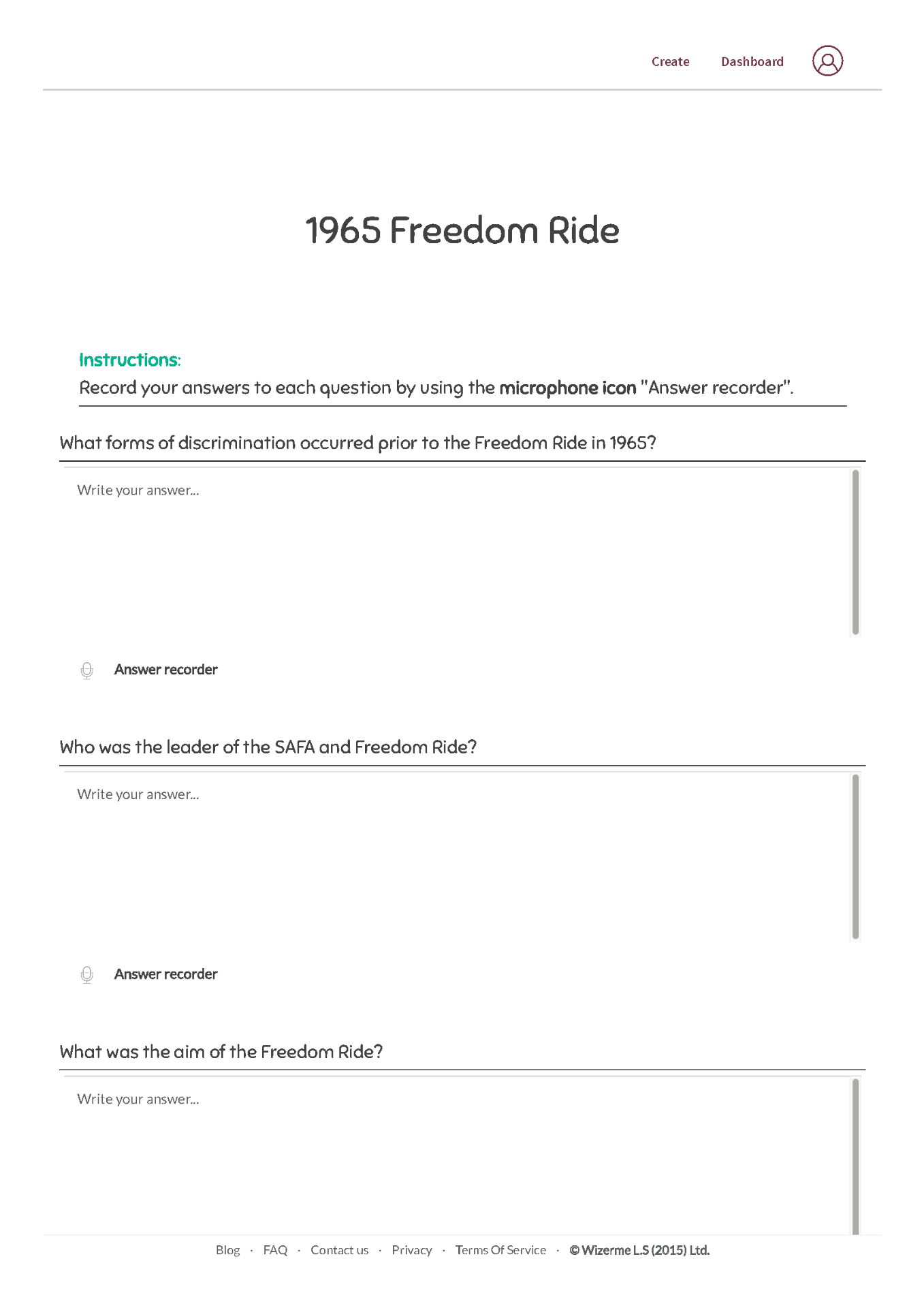 Wizer screen shot of Freedom Ride quiz