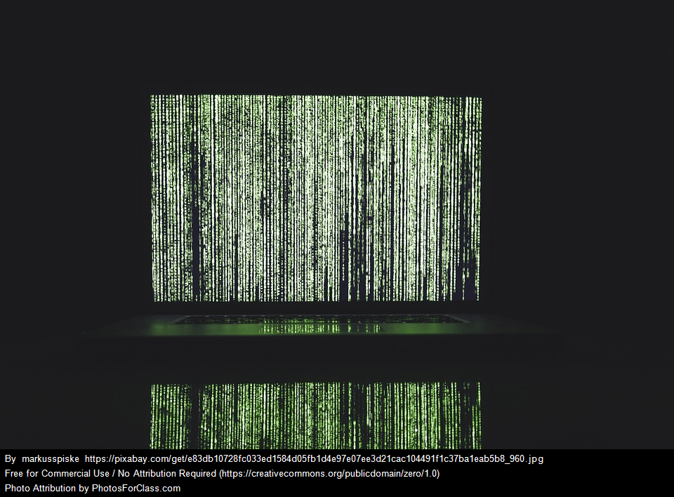Image of a conceptual computer algorithm. Neon green data lines running vertically down a projected screen in a black room.