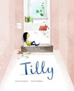 The cover of "Tilly". A young girl sits on a step in a doorway looking wistfully out of a window